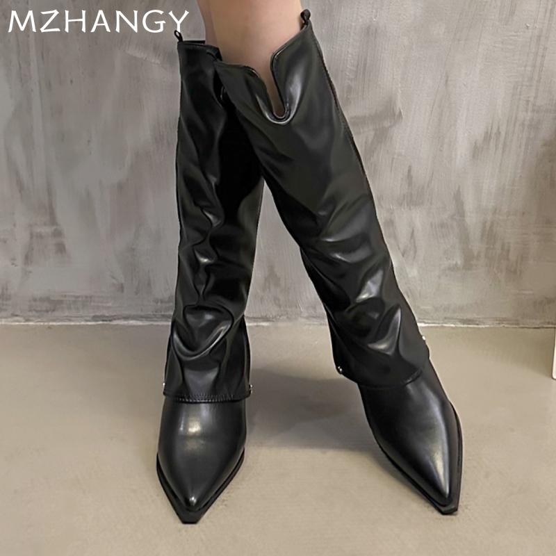 Модные женские кожаные сапоги с острым носком, высокие сапоги до колена на среднем каблуке, женская обувь 2025 года, дизайнерские зимние элегантные мотоциклетные сапоги Mujer