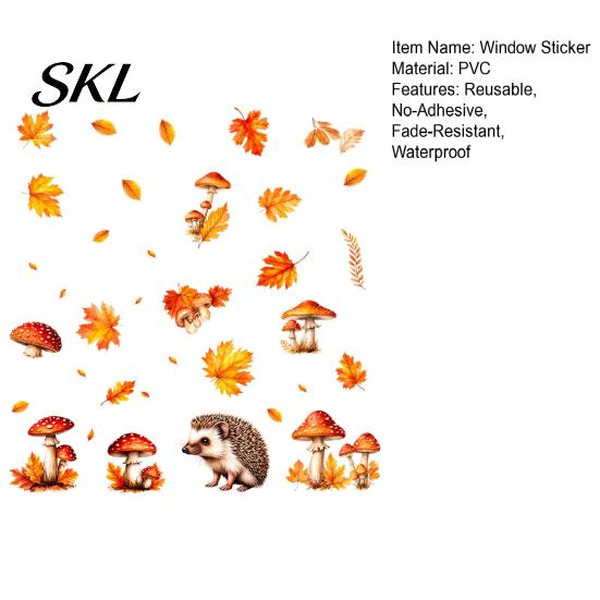 Removable Glass Clings 2PCS Autumn Hedgehog Static Window Clings, Fall Maple Leaf Mushroom Stickers, Waterproof PVC Decals No-Adhesive for Home Store