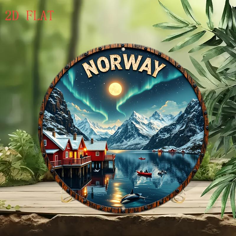 1pc 8-Inch Norway Northern Lights Wall Art - Rustic Scandinavian Metal Sign with Aurora Borealis Fjords Norwegian Flag Letter