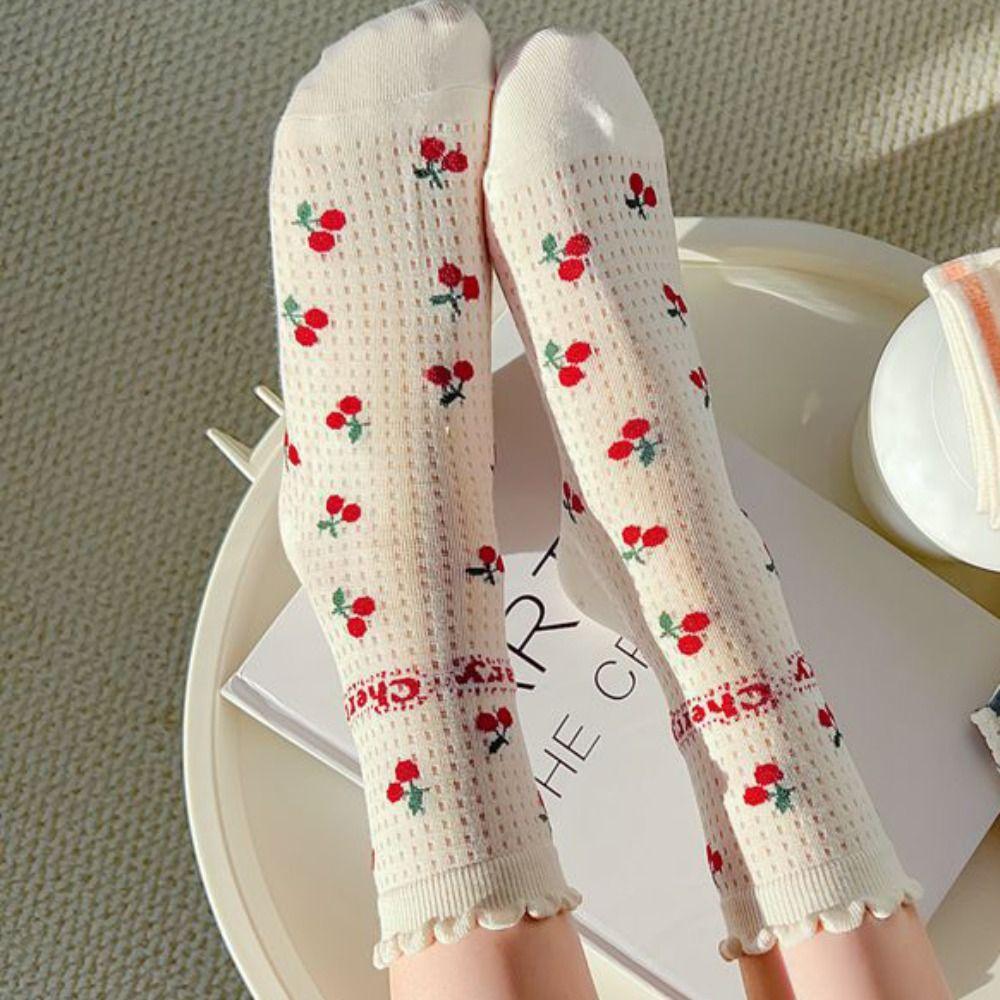 Hollow Out Cherry Short Socks Ruffle Summer Tube Socks Fashion Mesh Ankle Socks Streetwear