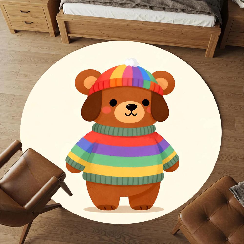1pc bear rainbow sweater Round Chair mat Area Rug - Non-Slip, Floor Mat for Office, Bedroom, and Indoor Decor -Gift c1125002