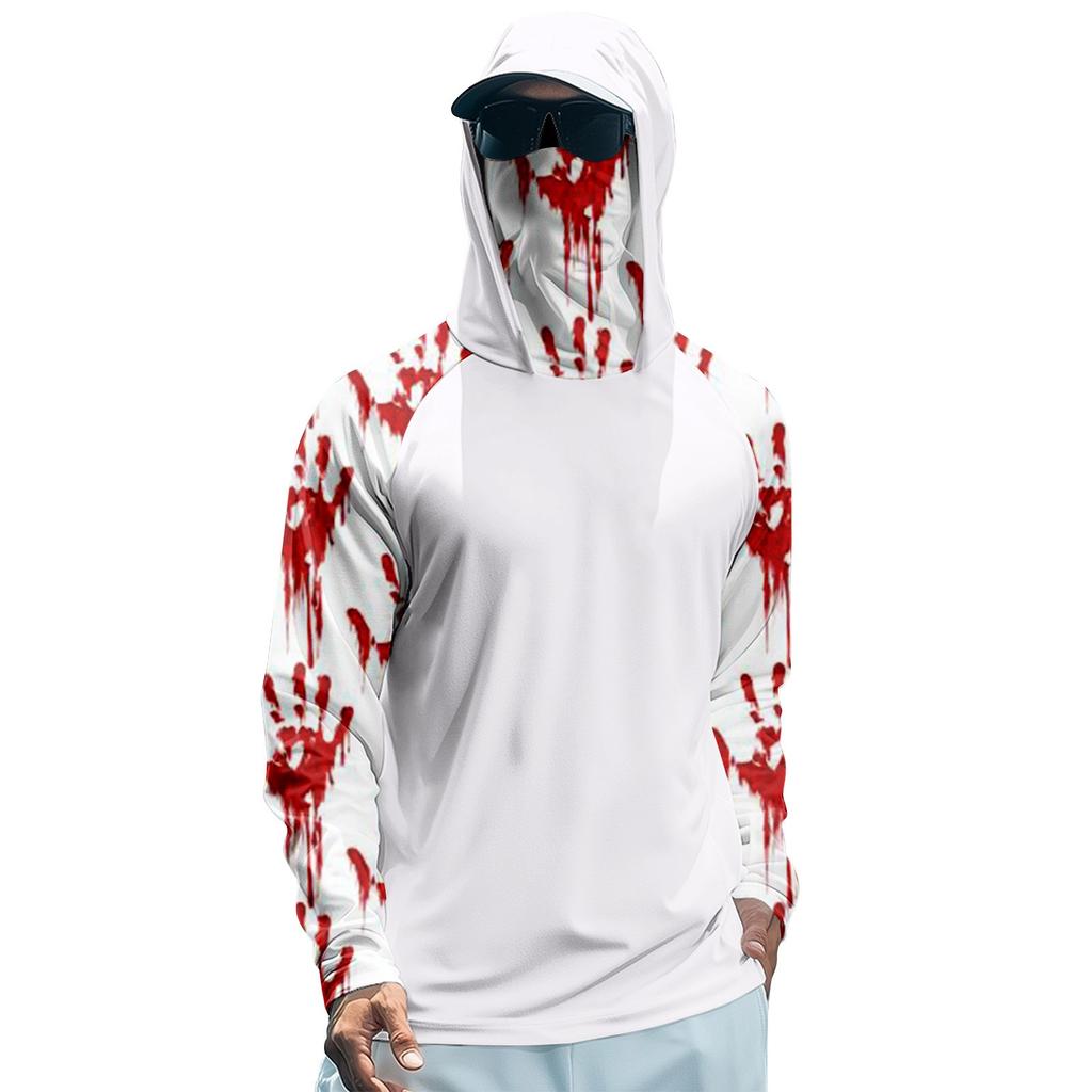 Мужская худи реглан для рыбалки с принтами на Хэллоуин - UPF 50+ УФ защита, длинный рукав, солнцезащитная рубашка с сетчатым козырьком