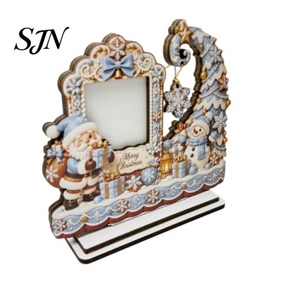 Holiday Photo Storage Christmas Wooden Frame, 2D Picture Holder with Santa Snowman & Creative Moon Frame Snowflake Pendant, Family Display for