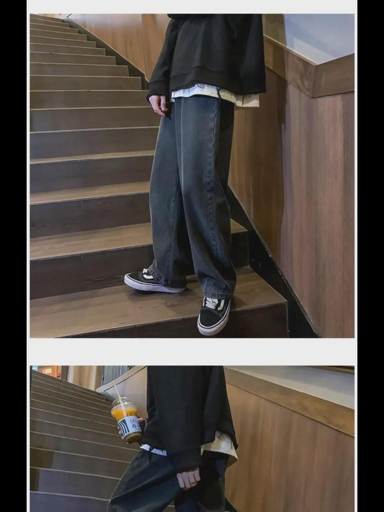 Men's Black Retro Wide-Leg Jeans - New Autumn Trend, High Street Style, Straight Loose Fit, Large Size Available.