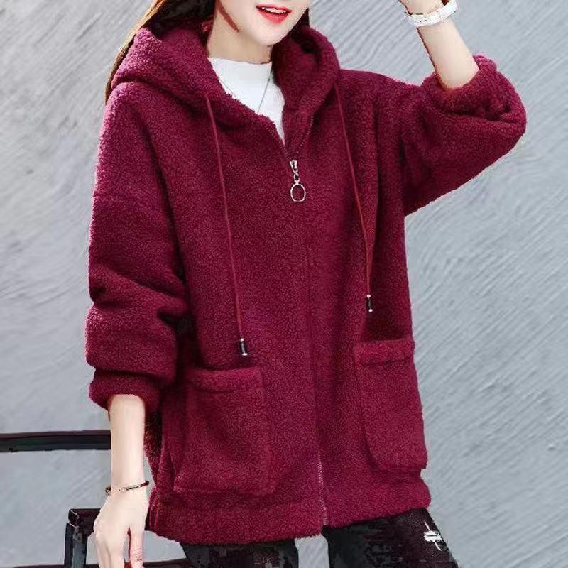 Women Hooded Coat Chic Fleece Thick Solid Color Pockets Long Sleeves Loose Warm Plush Zipper Cardigan Outdoor Autumn Winter New