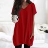 Womens Tops V-neck Short Sleeve Blouses Casual Mid-length Shirts Fashion Print Tunic Tops With Pockets