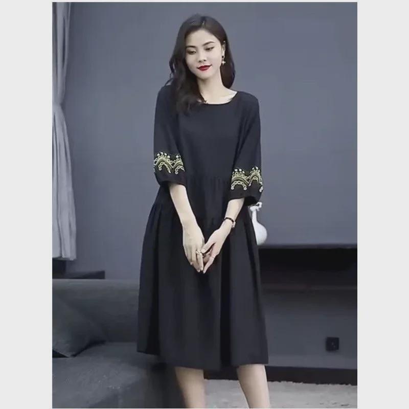 Летнее платье в этническом стиле с вышивкой - Большой размер, свободный крой в стиле ретро