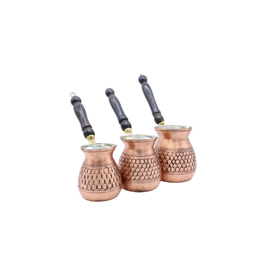 Газиантеп Медный кофейник ручной работы с сотовым рисунком Античный медный цвет Медный набор из 3 кофейников