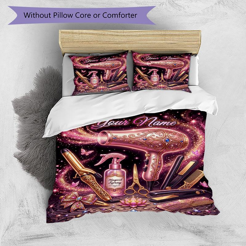 3PC Custom Name Glamorous Hair Tools Fantasy Bedding Set Duvet Cover Closure Includes 1 Duvet Cover & 2 Pillowcases for Bedroom