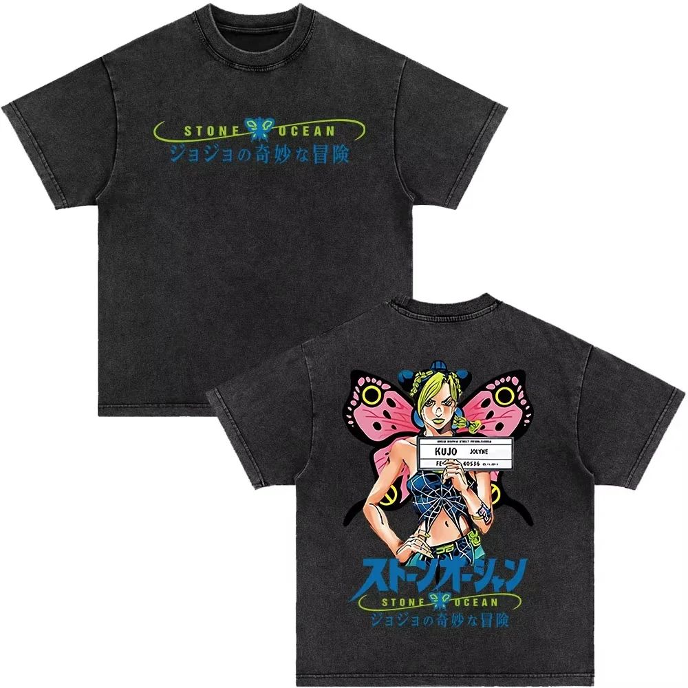 Japanese Anime Jojo Bizarre Adventure Vintage Washed T-Shirt Killer Queen Graphic T Shirts Men Women Cosplay Oversized T-shirt