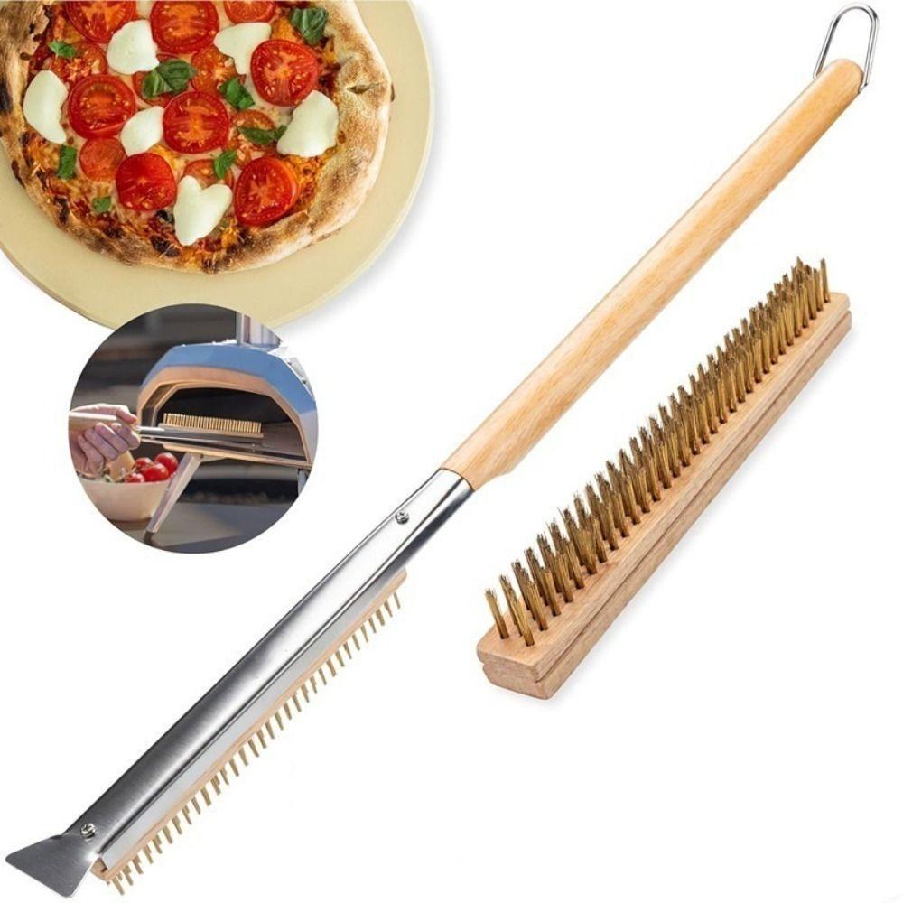 Wood Handle Grill Cleaning Brush with Scraper Pizza Stone Cleaner Brush for Oven