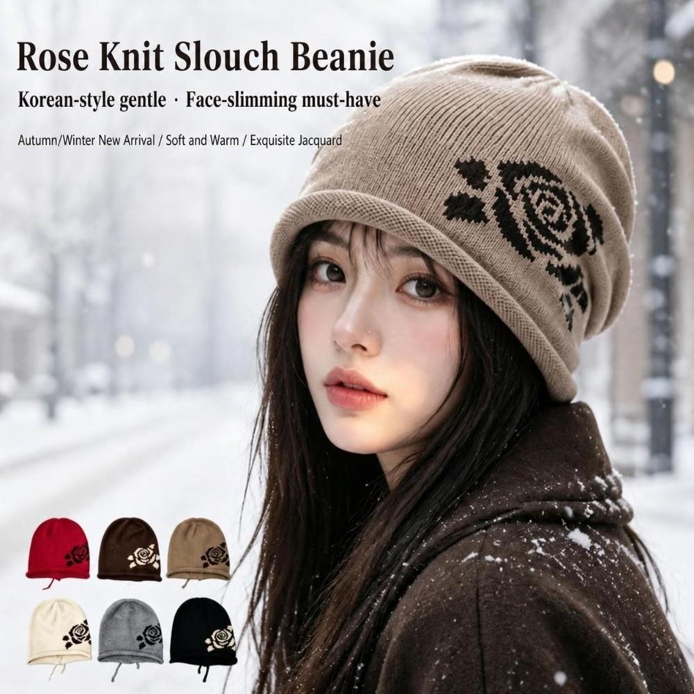Ear Protection Warm Knitted Hat Soft Knit Rose Jacquard Beanie Winter Hat Daily Wear