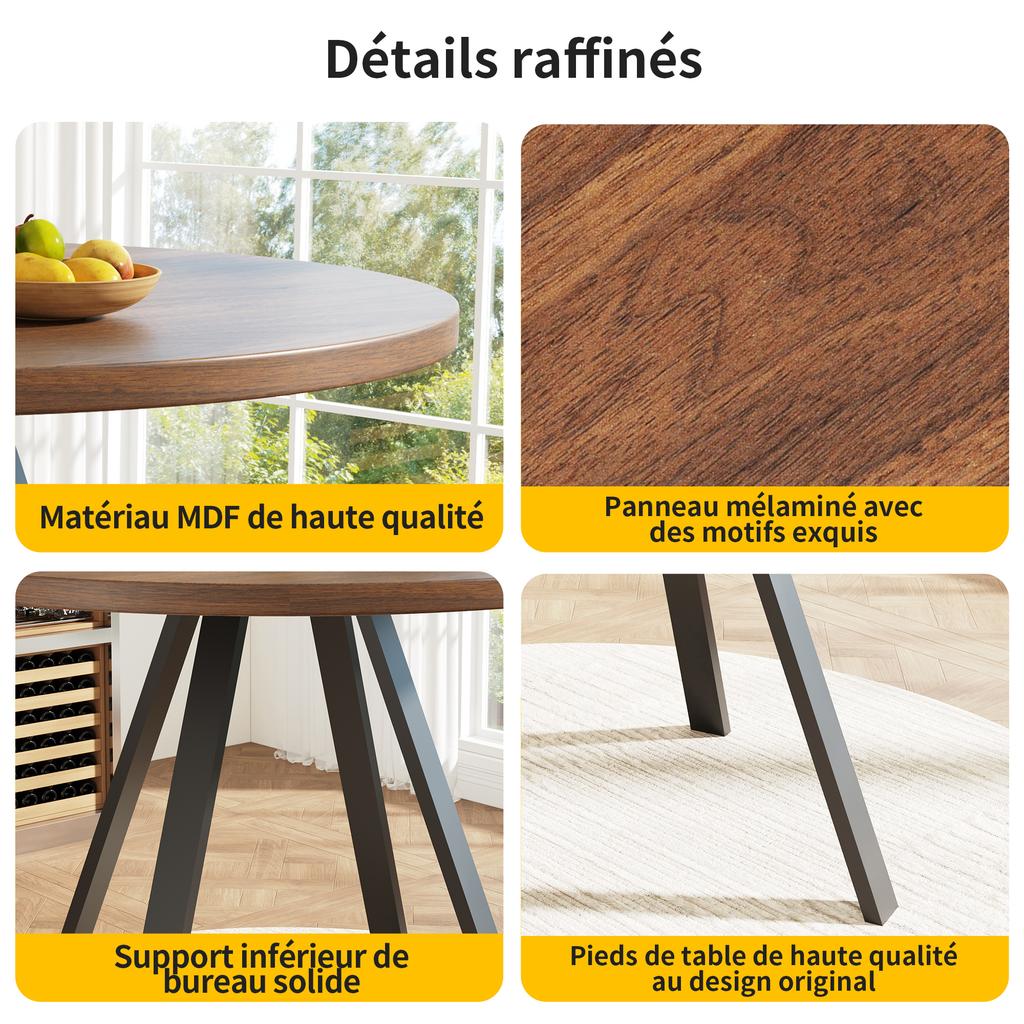 Round Dining Table (80×80×75cm), Coffee Table for 4, Suitable for Dining Room, Living Room, Metal Table Legs, Walnut-colored Desk and Black Legs