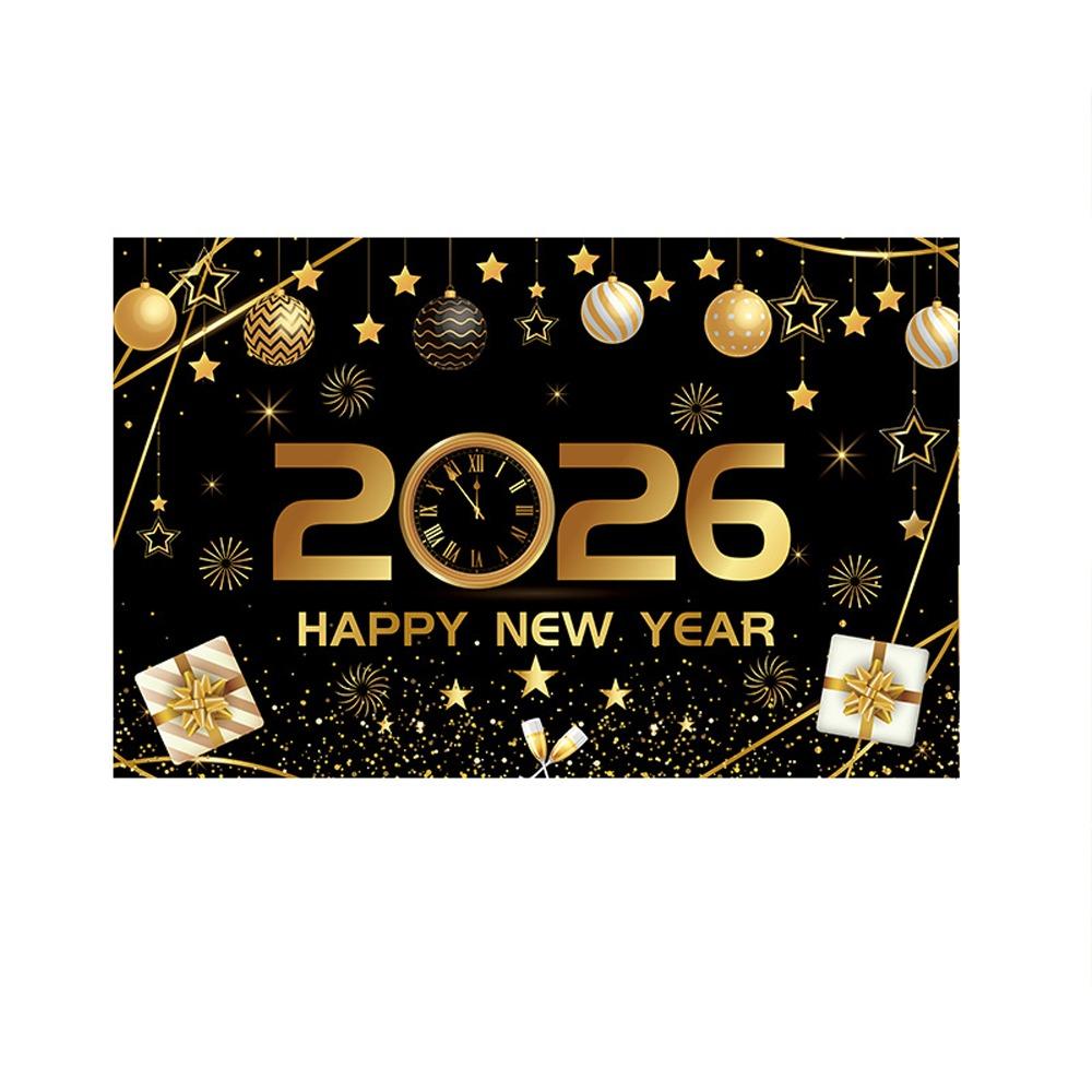 Black Gold 2026 New Year Backdrops Polyester Night Glittering Party Background Colorful Balloon Champagne Photo Background