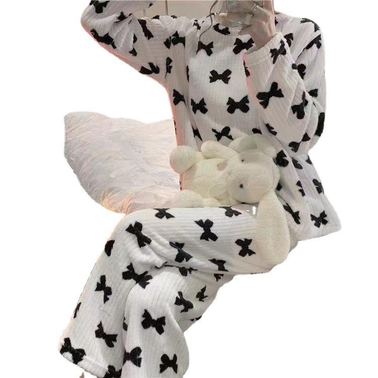 Женский зимний пижамный комплект из кораллового флиса с принтом бантов, размер плюс, плотный бархат, повседневная домашняя одежда для ленивых