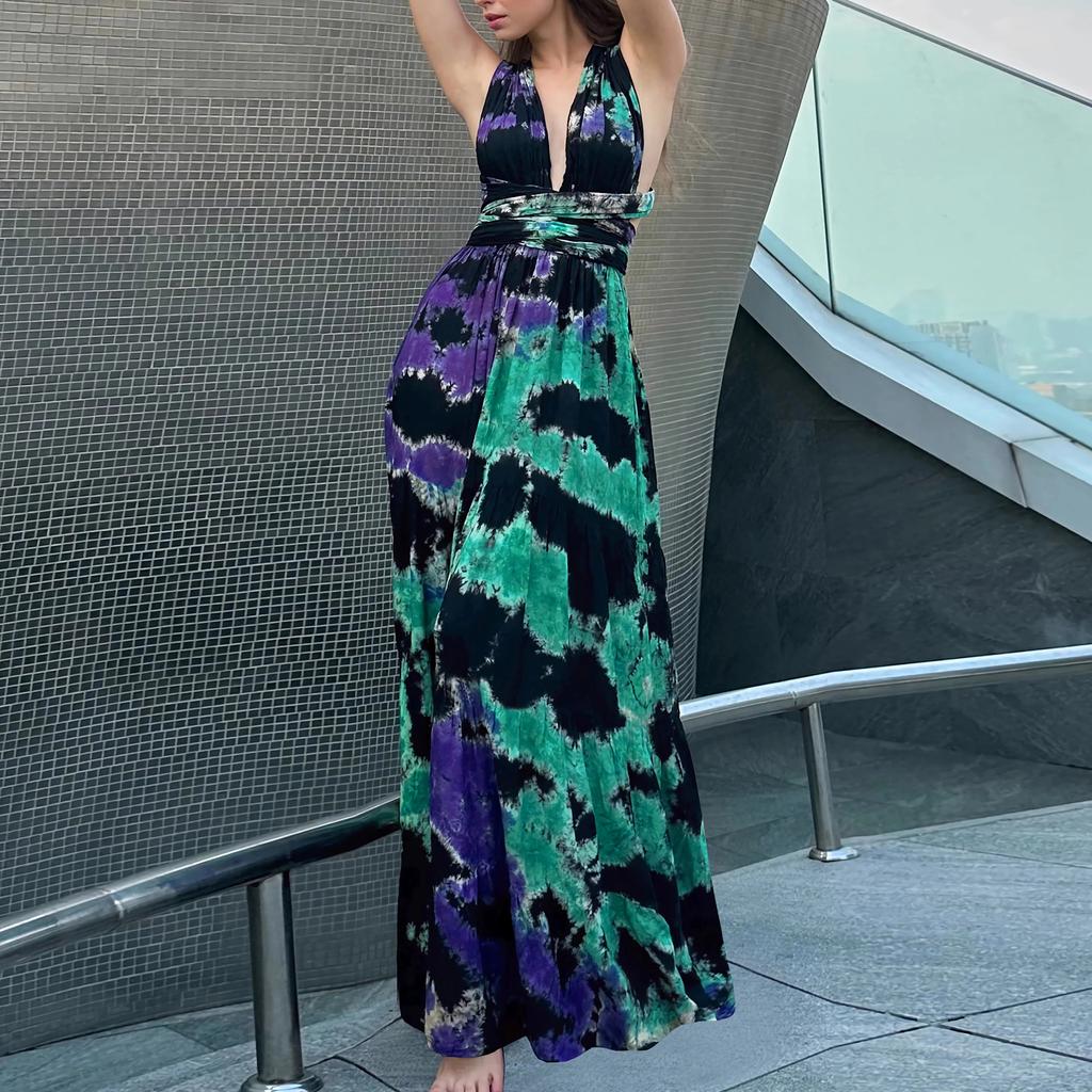 Летние повседневные платья без рукавов с принтом тай-дай и висячими бретельками на шее