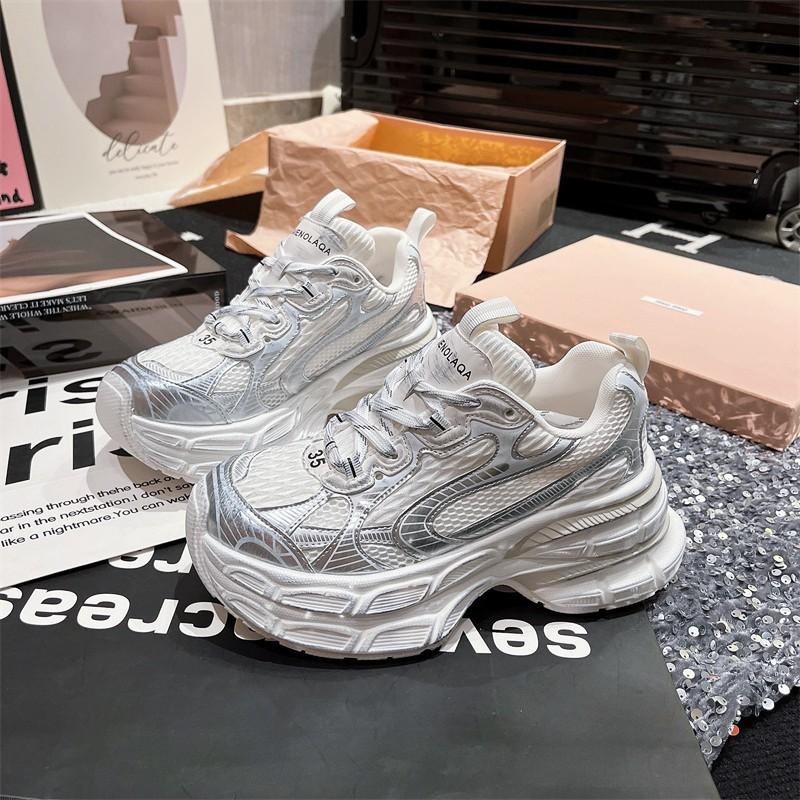 Paris High-end Thin Mesh Dad Shoes Women's Spring and Summer Thick-soled Lightweight Sports Shoes Versatile Silver Casual Shoes