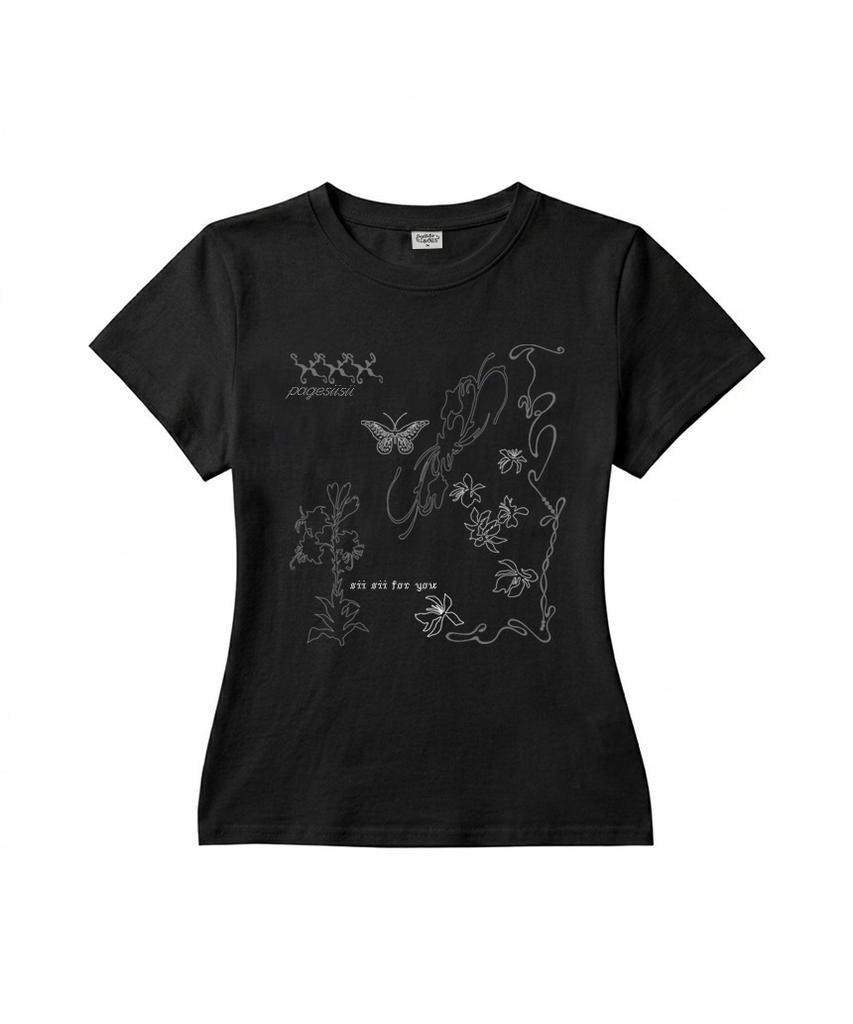PAGESIISII Line Hand-Drawing Print Slim Fit Short Sleeve T-Shirt Black
