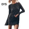 Women Dress Shiny Sequin Hollow Out Back Long Sleeve Loose Round Neck Split Cuff Sheath Individual Streetwear Club Party Dance Mini Dress