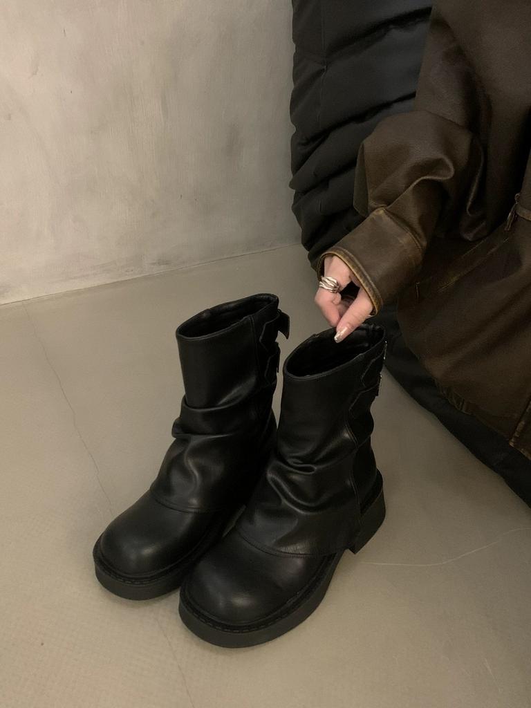 Женские сапоги до середины голени с плиссировкой на платформе, новые толстые сапоги на среднем каблуке, мотоциклетные сапоги, мода, новый тренд, гладиаторы, прогулочные сапоги для женщин