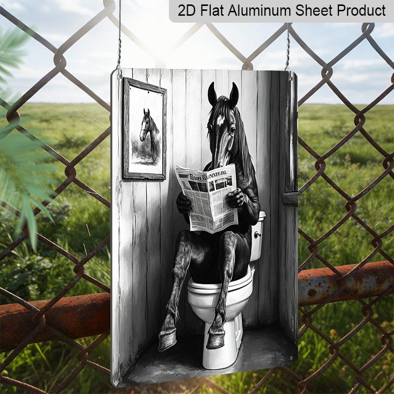 2D Flat 8×12 Inch Funny Horse Reading Newspaper on Toilet Metal Sign - Whimsical Black and White Bathroom Wall Decor, Aluminum Hanging for Restroom