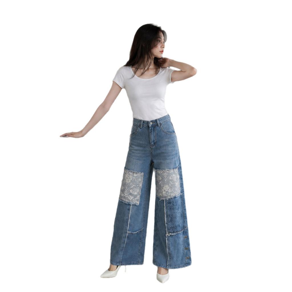 Summer retro splicing jeans women's high waist and thin wide-leg pants design sense niche loose straight mopping trousers