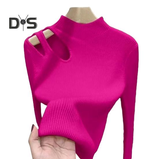Women Fall Winter Top Thick Knitted Half High Collar Long Sleeve Slim Fit Solid Color Hollow Out Elastic Pullover Soft Warm One Size Lady Sweater