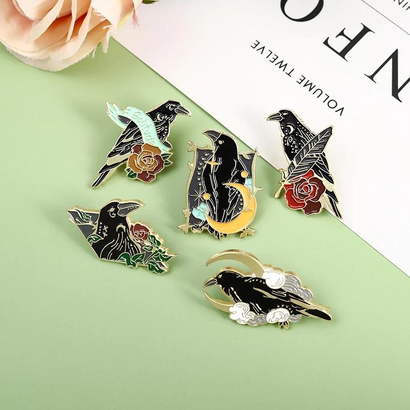 Punk Gothic Crow Raven Enamel Pins Bird Feather Moon Flowers Brooches Bag Lapel Badge  Fashion Jewelry Gift for Friends Kids