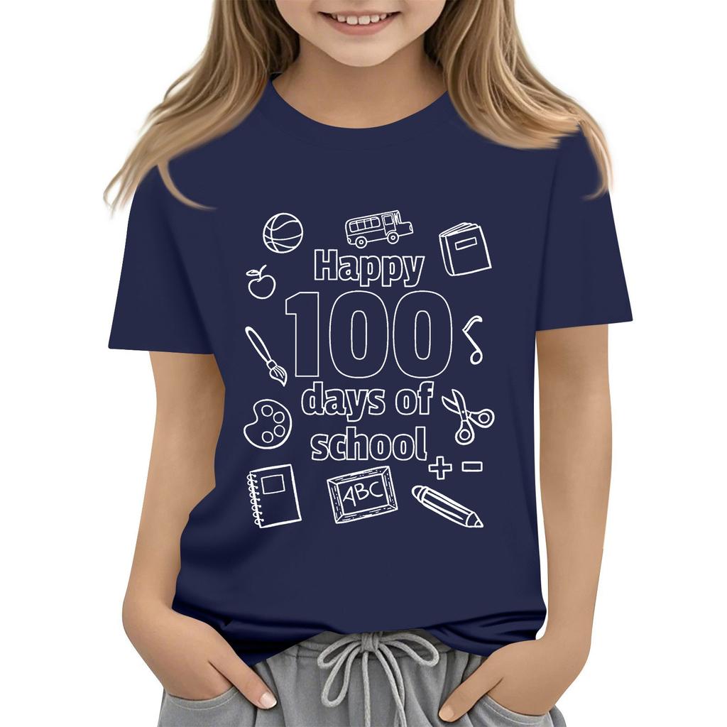 Kids Fashion Casual Short Sleeve 100 Day School Anniversary Printed Round Neck T-Shirt Top