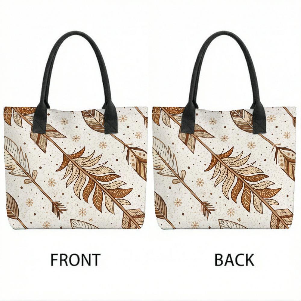  Bohemian Floral Feather Print Canvas Tote Bag Casual Large Capacity Daily Outdoor Shoulder Handbag