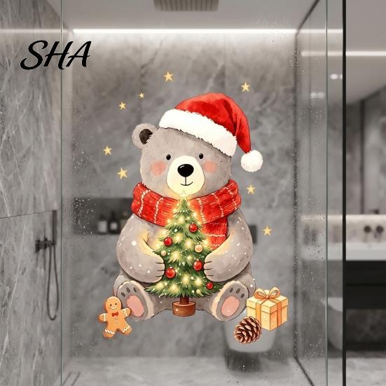 Xmas Bear Decor for Doors Christmas Static Window Clings, Cute Holiday Glass Decals, Waterproof PVC Easy Apply Decals Stickers Home Store And Bathroom