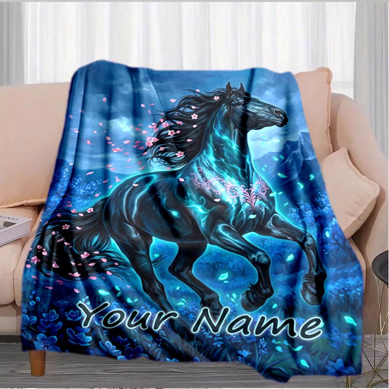 1PC Custom Name Ethereal Horse Blossom Night blanket versatile,all-season throw suitable for the living room,bedroom,camping,travel,and gift