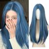 Forehead Lace Blue Long Straight Synthetic Wig Female Fresh Loneliness Daily Smog Blue Long Straight Hair Wig