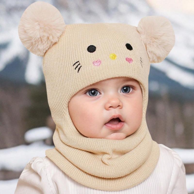 Winter Children Knit Balaclava Hat Warm Scarf One Piece Hats Neck Ear Protection Headgear Cap Pompom Baby Hooded Beanies 1-8Year