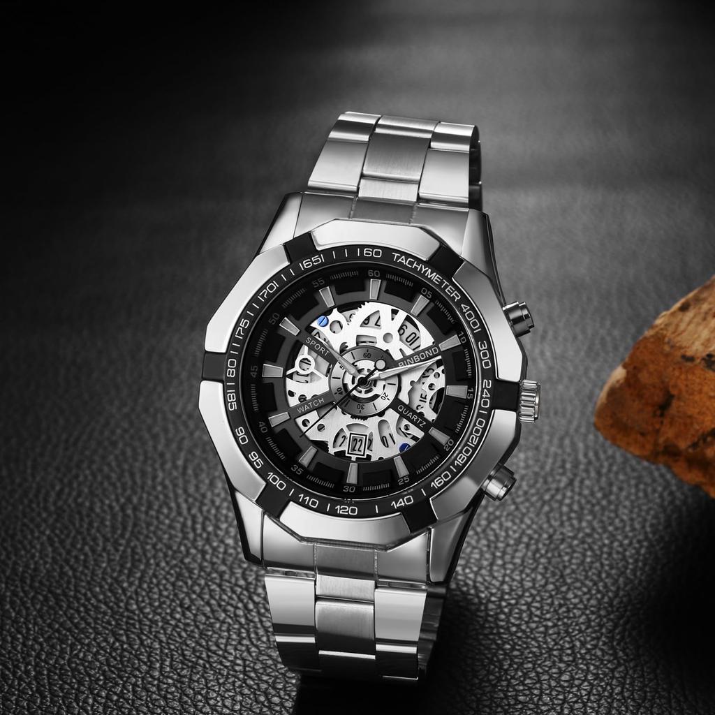 Скелетон Стильные 3ATM Водонепроницаемые Светящиеся Аналоговые Часы Календарь Ремешок Из Нержавеющей Стали Модные Часы Подарок На День Рождения Рождественский День Мужские Часы Мужские