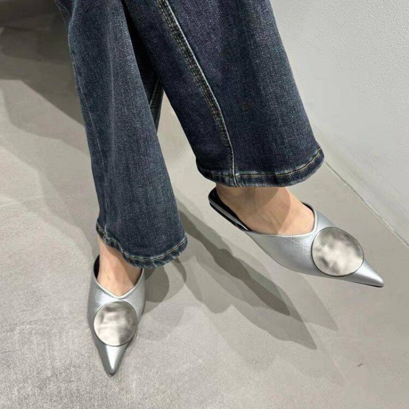 Баотоу Плоские сандалии Весна Новые Остроносые Мелкий вырез Металлическая пряжка Мягкая подошва Противоскользящие Износостойкие Шлепанцы