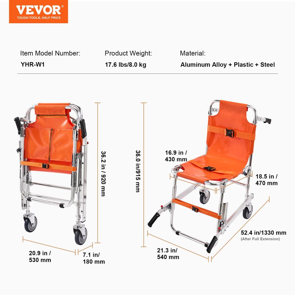 VEVOR EMS Stair Chair, 159 kg Load Capacity, Foldable Aluminum Emergency Stair Climbing Wheelchair with 2 Wheels