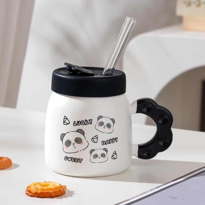 Чашка с соломенной крышкой, мультяшный домашний набор, керамическая чашка, милый маленький медведь, открывающаяся подарочная кружка, высокий внешний вид