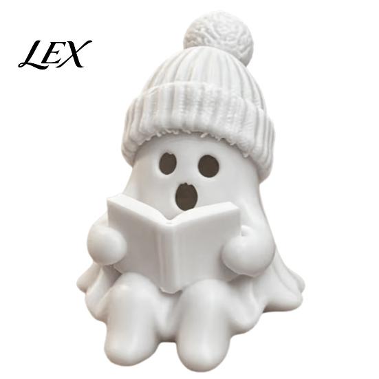 Halloween Ghost Statue Cute Figurine, 3D Printed Reading with Knit Beanie Desktop Ornament Hat, Whimsical Christmas Ornament, Winter Home Shelf Decor