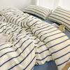 Washed Cotton Red And Blue Striped Duvet Cover 4 Piece Bed Sheet Set