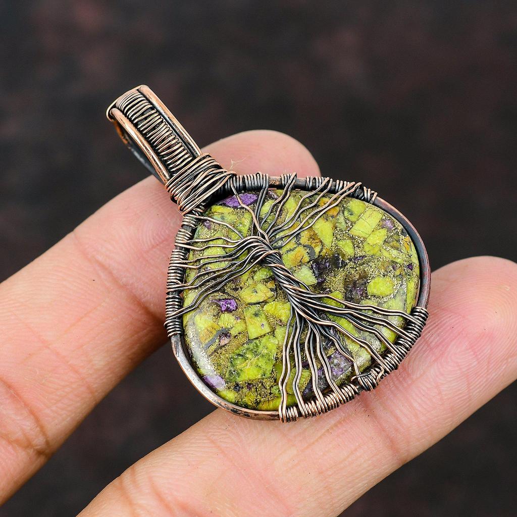 Подвеска с самоцветом стихтитом Древо Жизни, обмотанная медной проволокой, Медная проволочная подвеска, Медные проволочные украшения, Подарок для него, Подвеска ручной работы, Украшения Древо Жизни