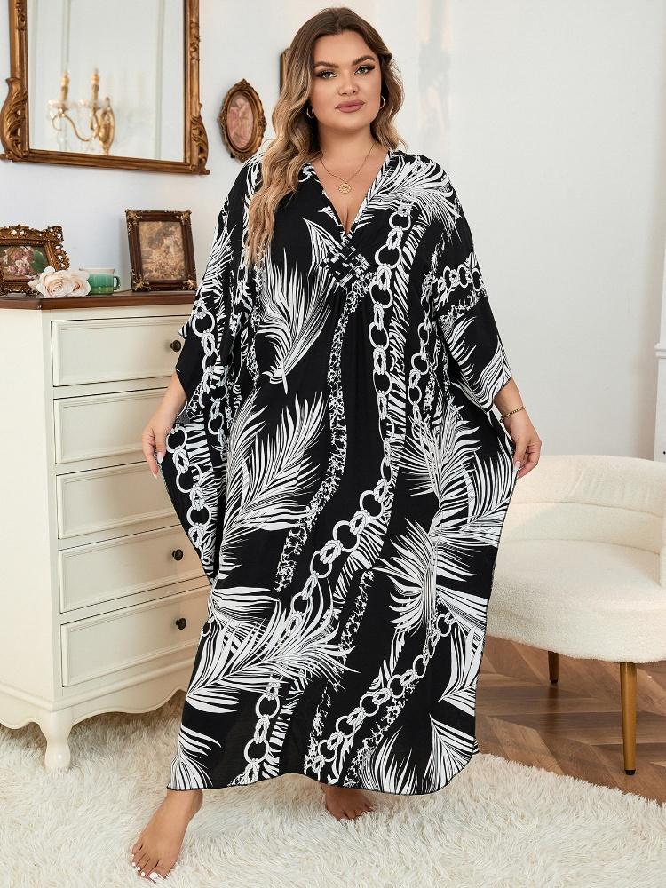 EDOLYNSA Black Kaftan Women's Hot Selling Long Dress Robe Chinese Knot Auspicious Knot V-neck Beach Wear Batwing Sleeve Homewear Q1297
