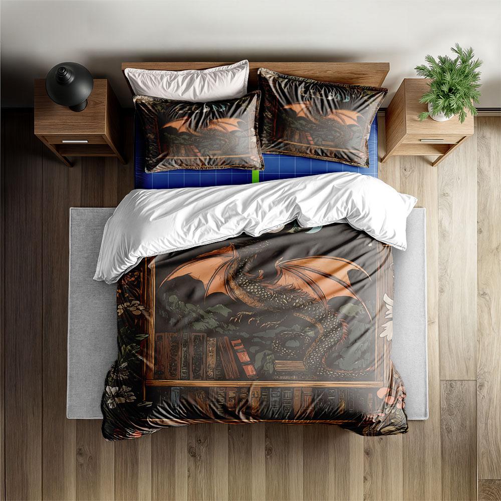 Gothic Antique Books Dragon Fairy Duvet Cover Set King Queen Double Full Twin Single Size Bed Linen Set