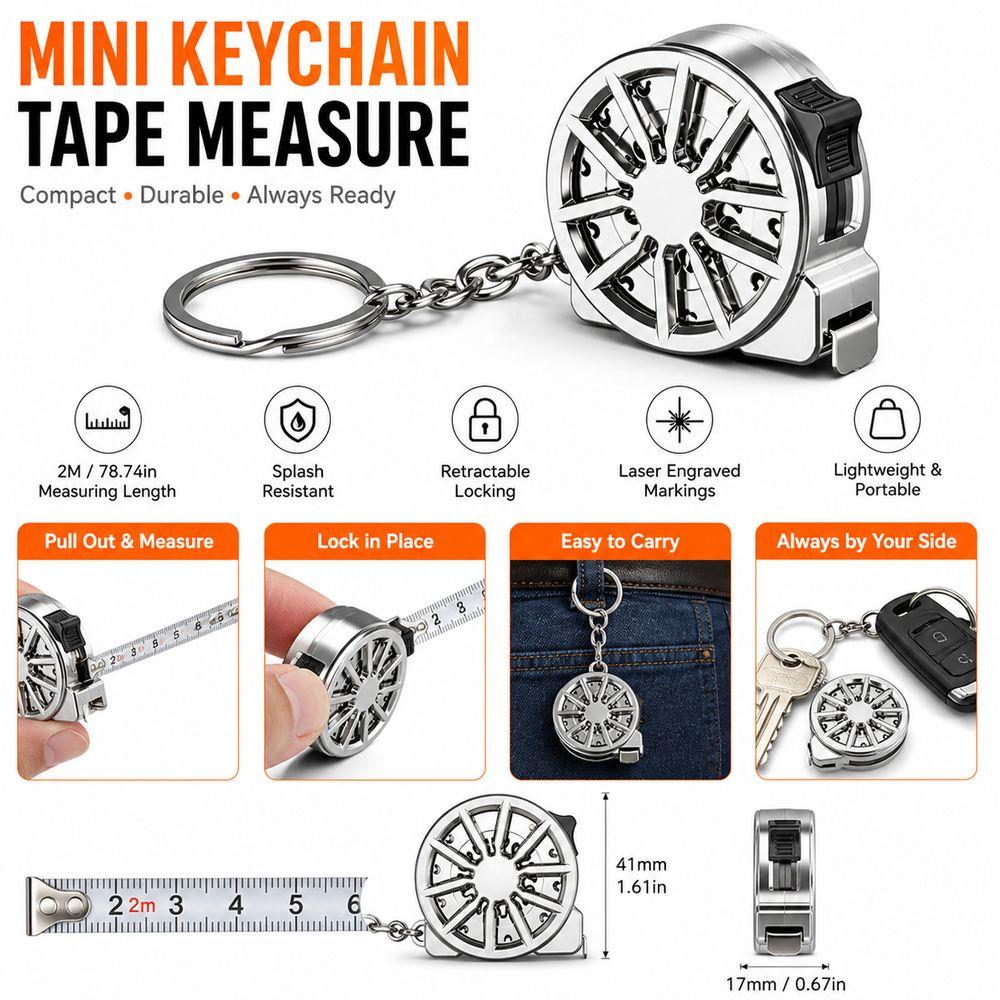 Laser Engraved Markings Keychain Tape Measure 2M Stainless Steel Tape  Hardware Accessories