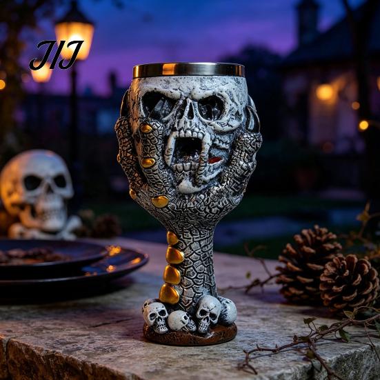 Dark Style Barware Horrible Resin Stainless Steel Skull Goblet, Retro Skeletal Wine Gothic Spooky Theme Tabletop Decor Cocktail Glasses, Vintage