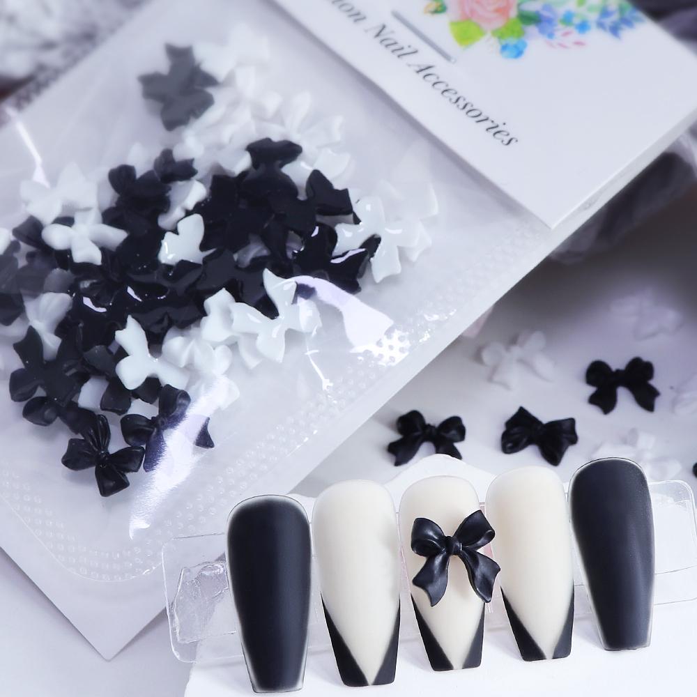 50Pc Black White Resin Bow Tie Nail Charms Decorations Cute Bowknot Rhinestone Nails Accessories for DIY Korean Manicure Designs