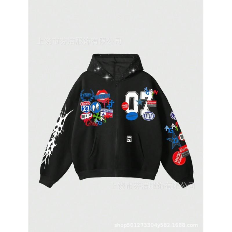 Mens Oversized Hooded Zip-Up Sweatshirt With Leopard Print Patchwork 3D Digital Design