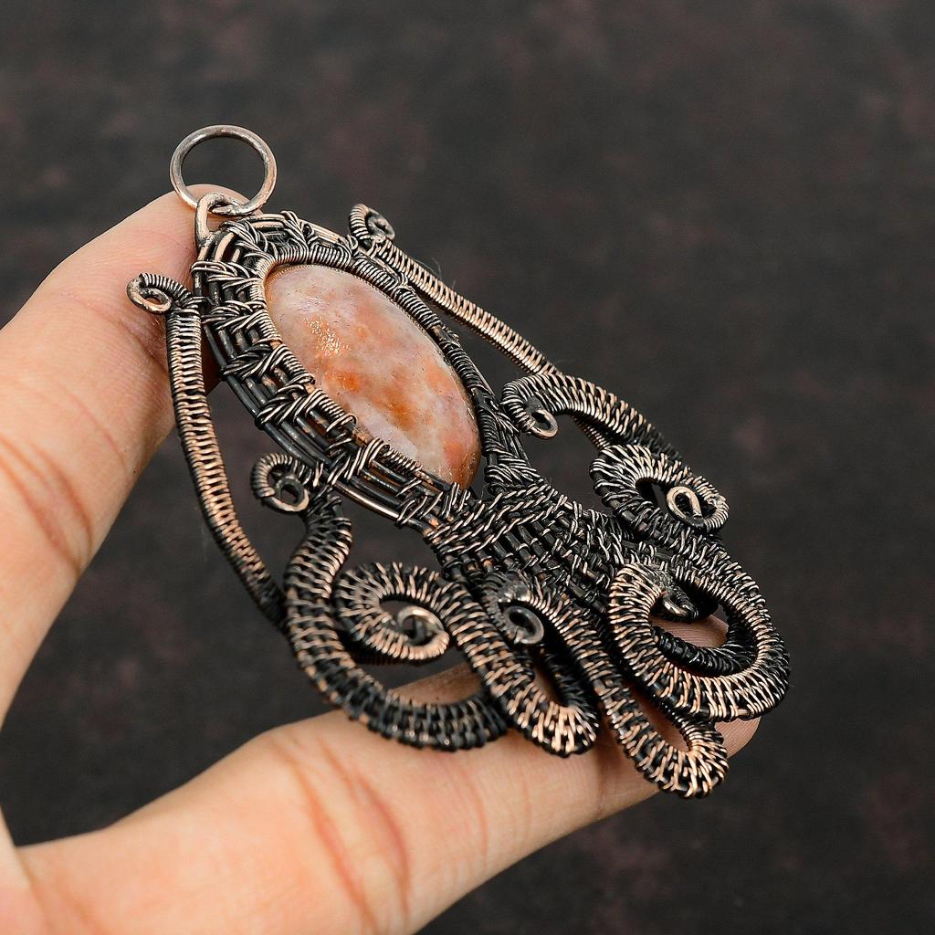 Кулон из солнечного камня, кулон, обернутый медной проволокой, кулон с драгоценным камнем, кулон в виде осьминога, украшения, обернутые проволокой, кулон ручной работы, медные украшения, подарки на годовщину