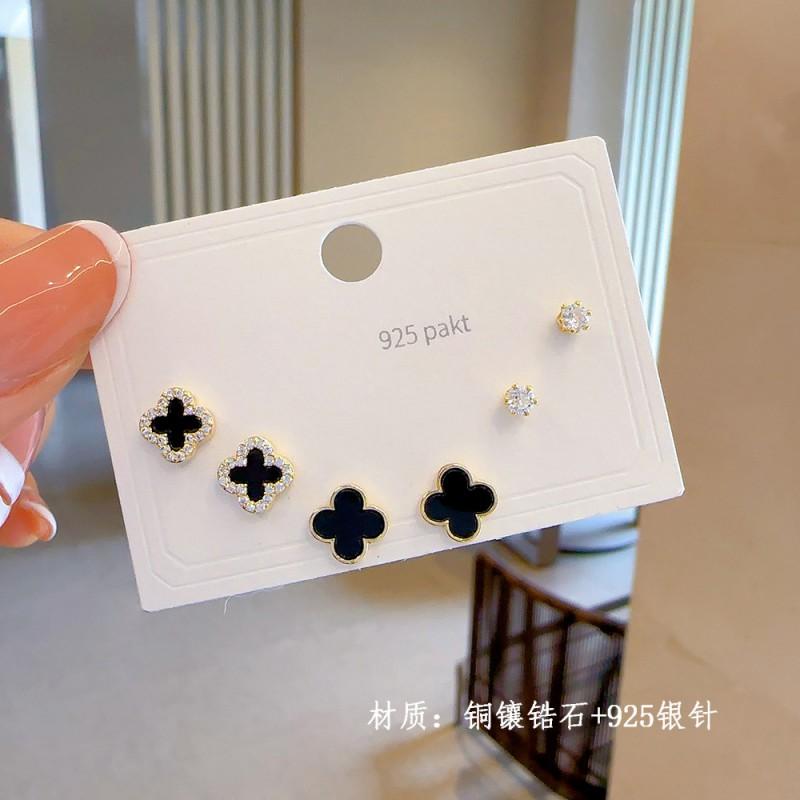 Minimalist Stud Earrings Set 3 Pairs Gold Tone CZ Geometric Floral Design Women Daily Wear