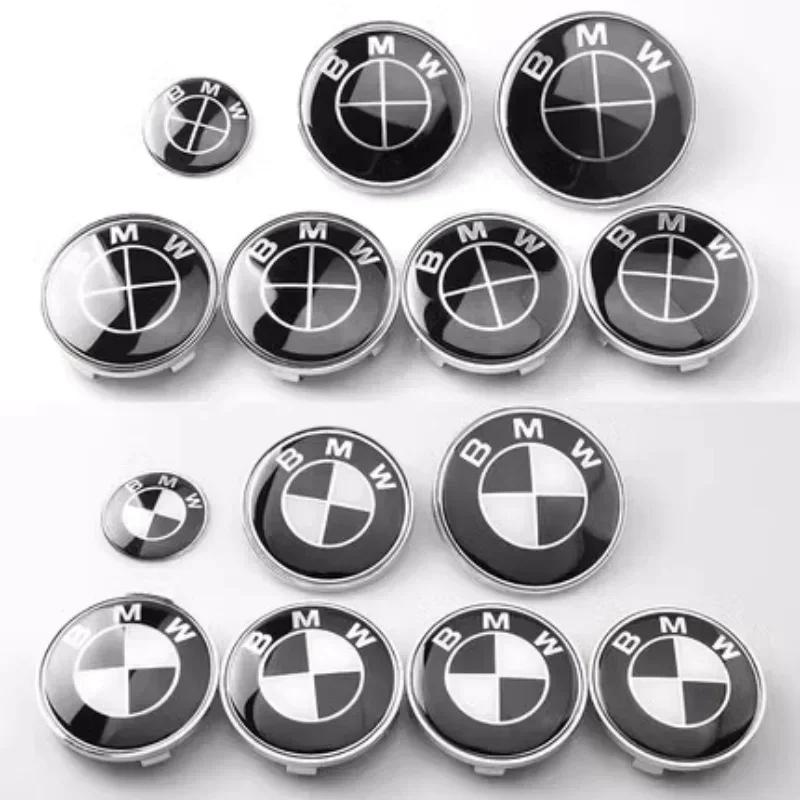 Новый значок на капот для BMW Черно-белый логотип Race track 81 мм + Задний значок 74 мм + Колпачок ступицы колеса 68 мм + 56 мм Наклейка на руль